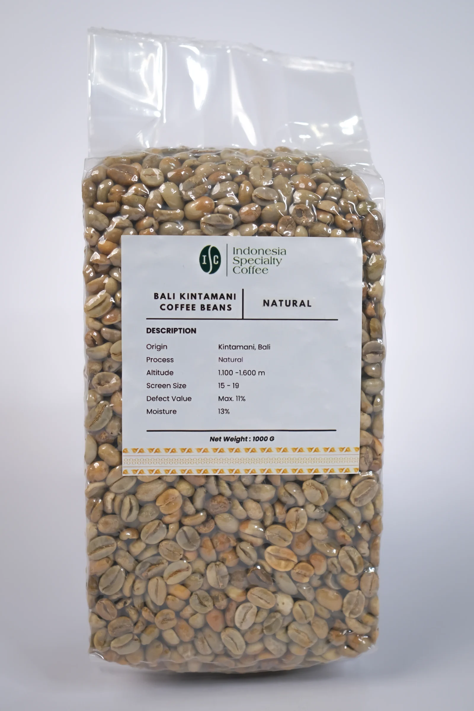 A bag of Bali Kintamani Natural Coffee featuring rich brown beans and a scenic tropical backdrop.