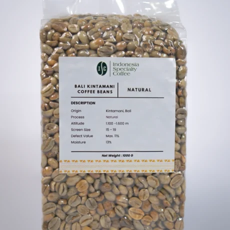 A bag of Bali Kintamani Natural Coffee featuring rich brown beans and a scenic tropical backdrop.