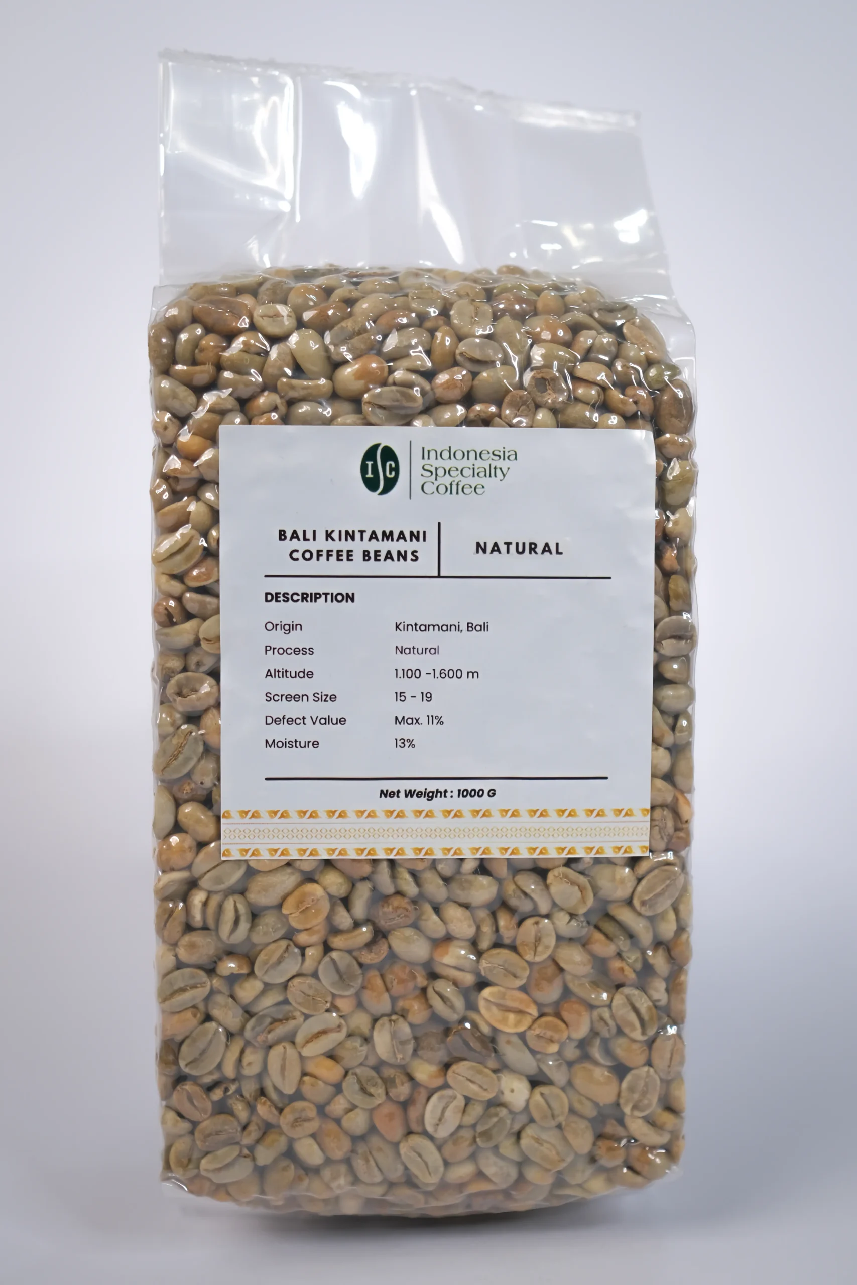 A bag of Bali Kintamani Natural Coffee featuring rich brown beans and a scenic tropical backdrop.