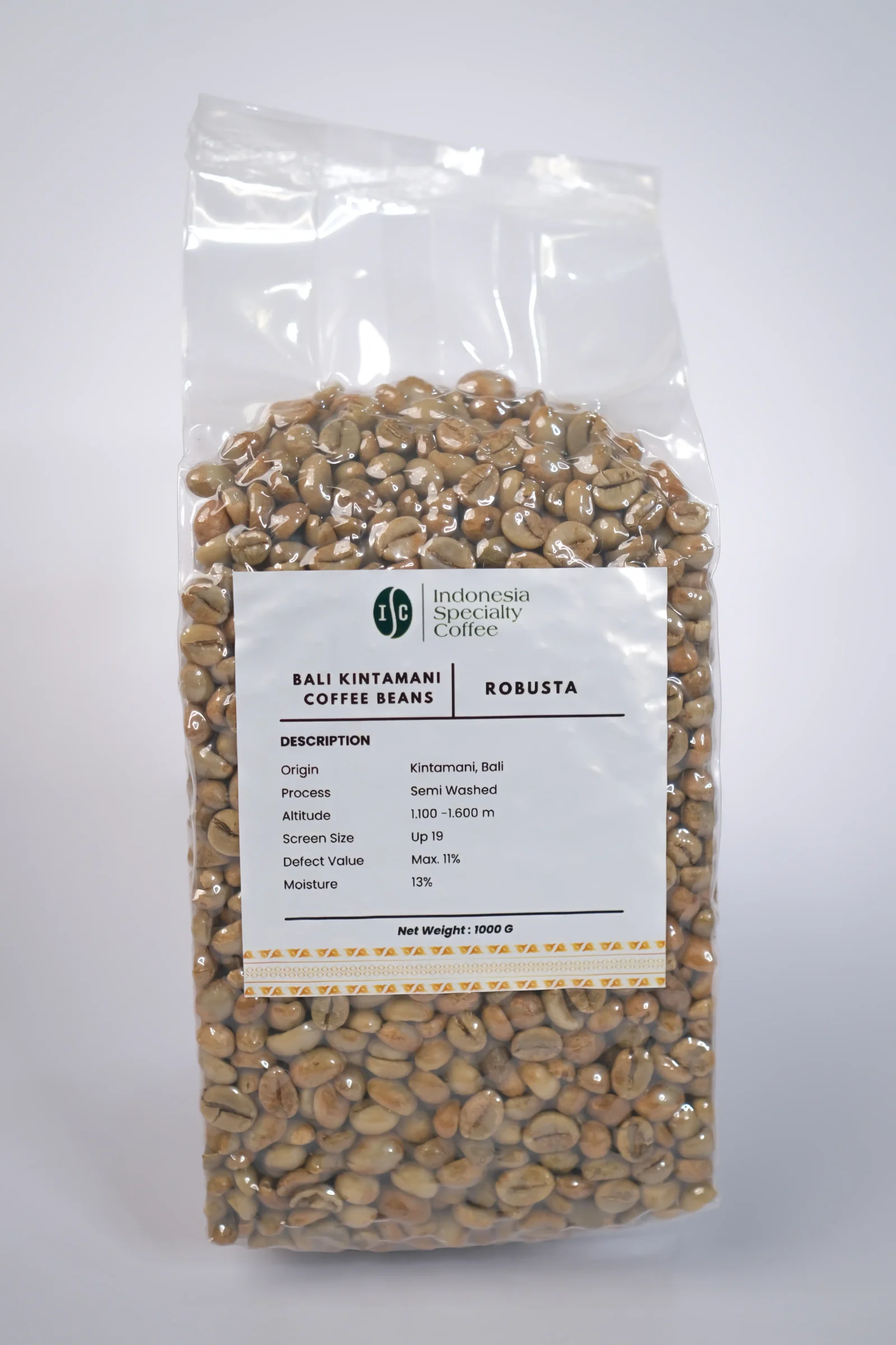 Green coffee beans from Bali Kintamani Robusta, showcasing their rich color and unique texture.