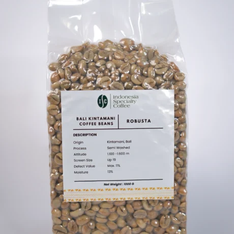 Green coffee beans from Bali Kintamani Robusta, showcasing their rich color and unique texture.