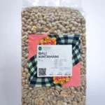 A bag of Arabica Bali Kintamani coffee beans, showcasing rich brown tones and a label highlighting its origin and flavor profile.