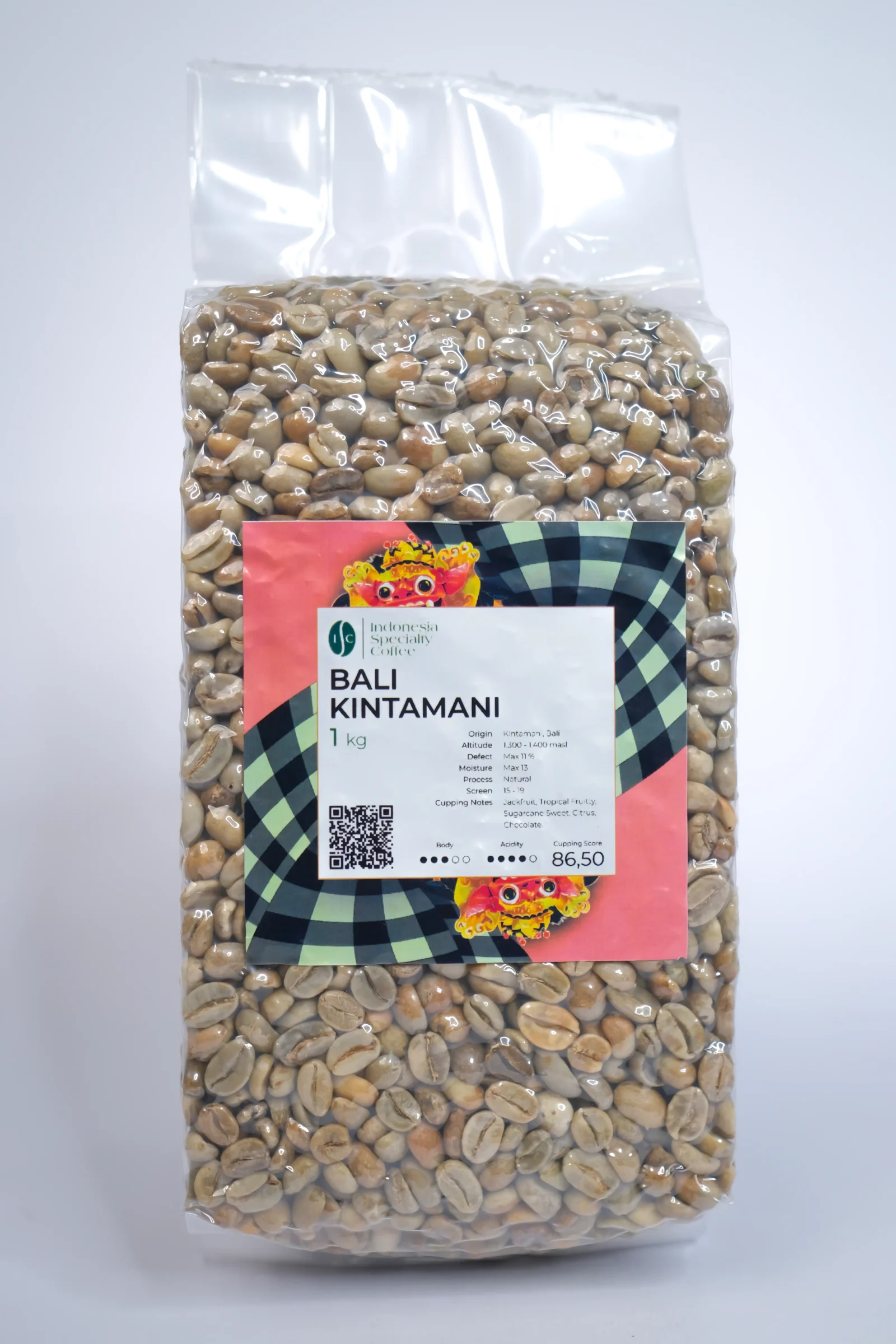 A bag of Arabica Bali Kintamani coffee beans, showcasing rich brown tones and a label highlighting its origin and flavor profile.