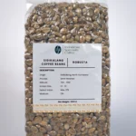 Sidikalang Robusta green coffee beans displayed in a burlap sack, showcasing their rich color and texture.