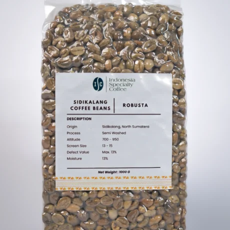 Sidikalang Robusta green coffee beans displayed in a burlap sack, showcasing their rich color and texture.