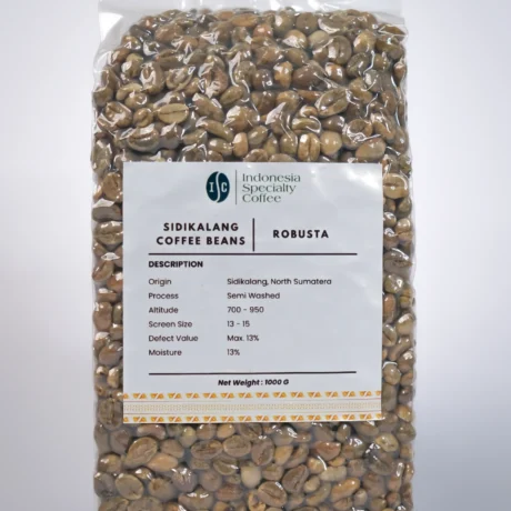 Sidikalang Robusta green coffee beans displayed in a burlap sack, showcasing their rich color and texture.
