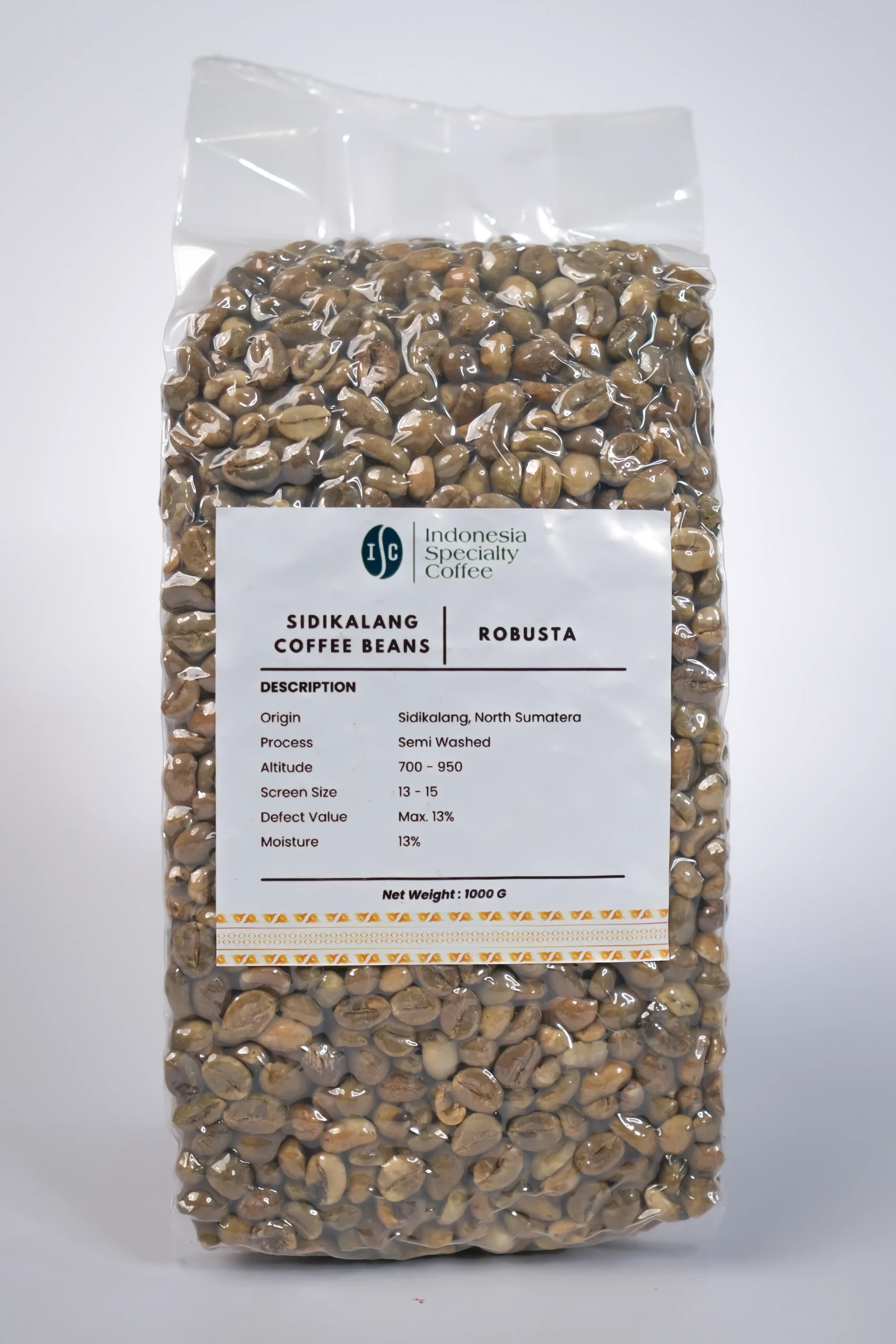 Sidikalang Robusta green coffee beans displayed in a burlap sack, showcasing their rich color and texture.