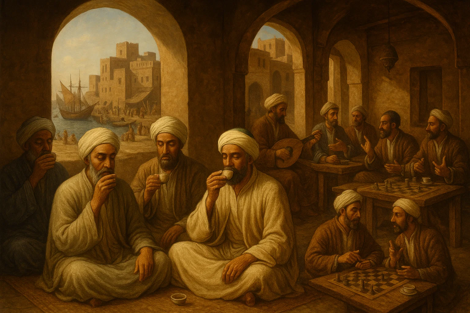 15th-century Yemen showing Sufi mystics drinking coffee during meditation and locals socializing in a traditional coffeehouse in Mocha.
