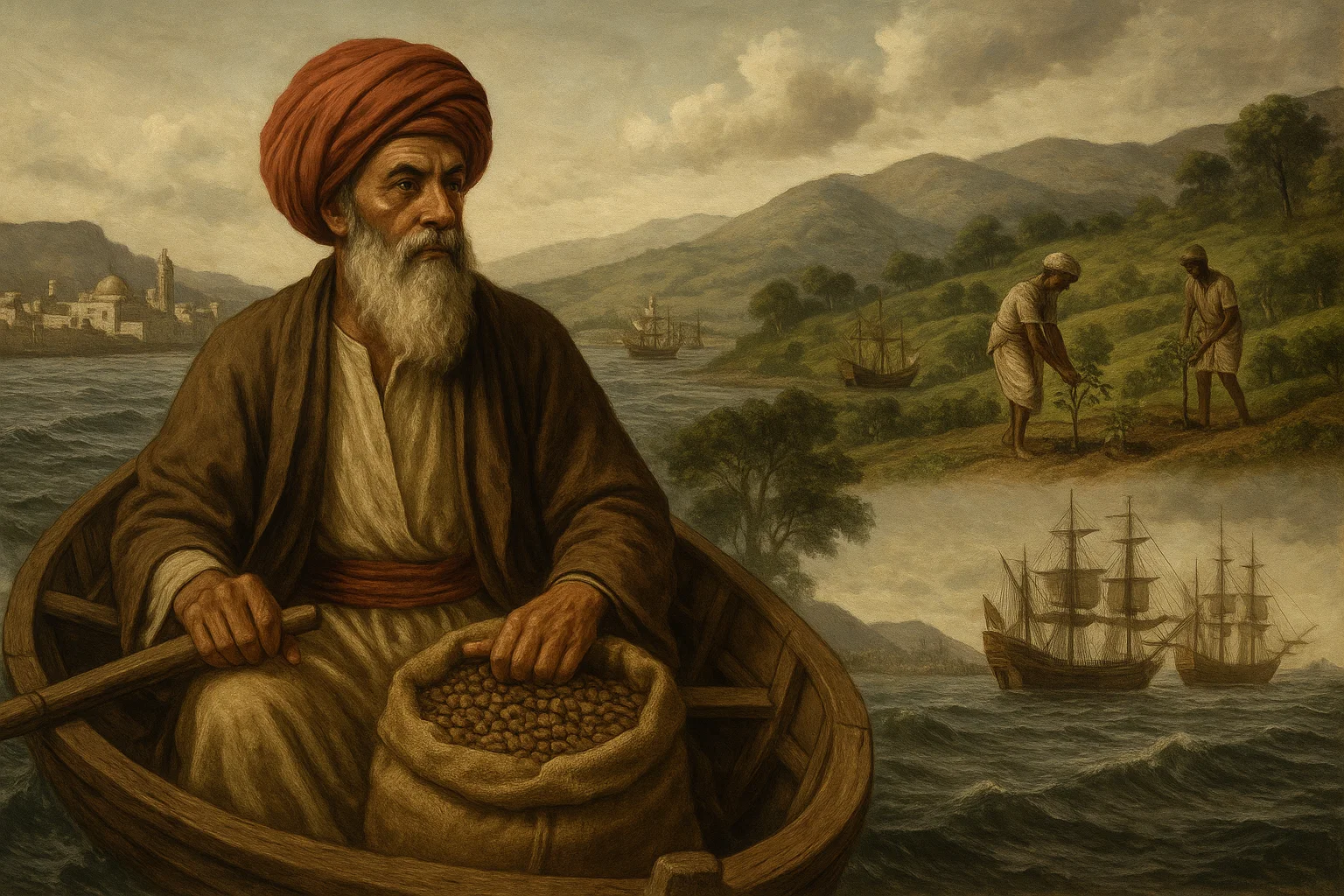 Baba Budan smuggling coffee beans from Yemen to India by boat, with early coffee farms in South India and Dutch ships reaching Java
