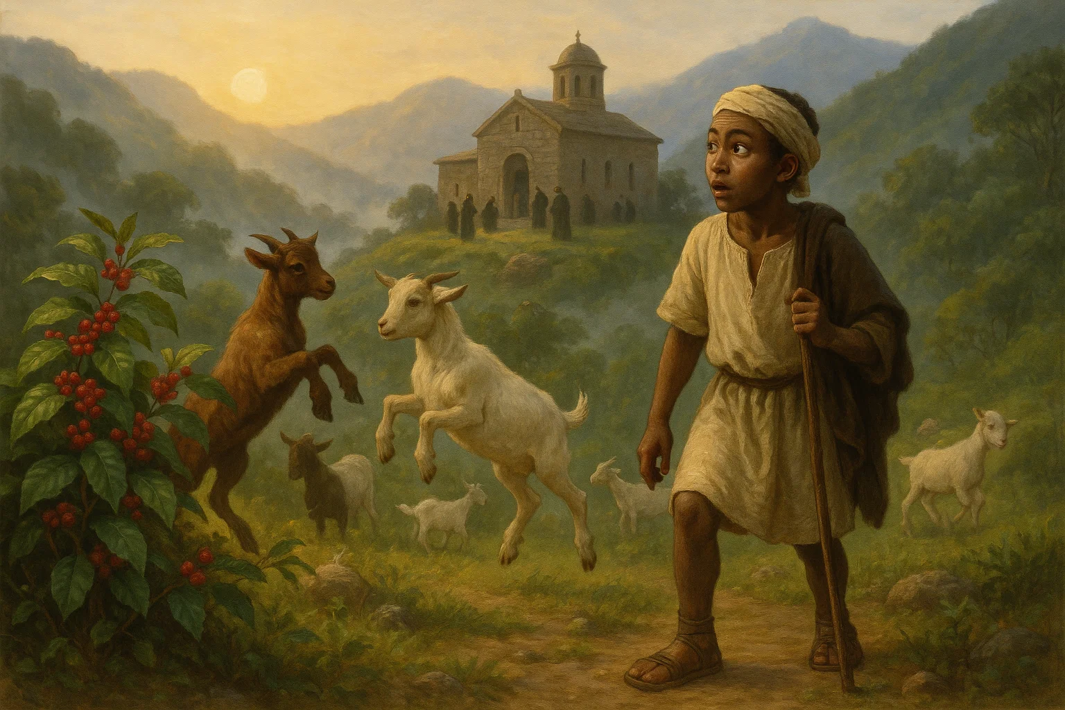 Where Coffee Originated: Illustration of Kaldi the goat herder in 9th-century Ethiopia observing his energetic goats after they eat red coffee berries near a monastery