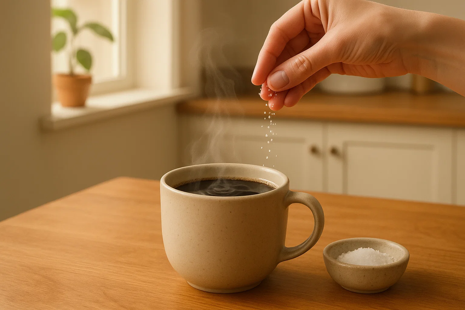 a hand gently sprinkling a pinch into the coffee