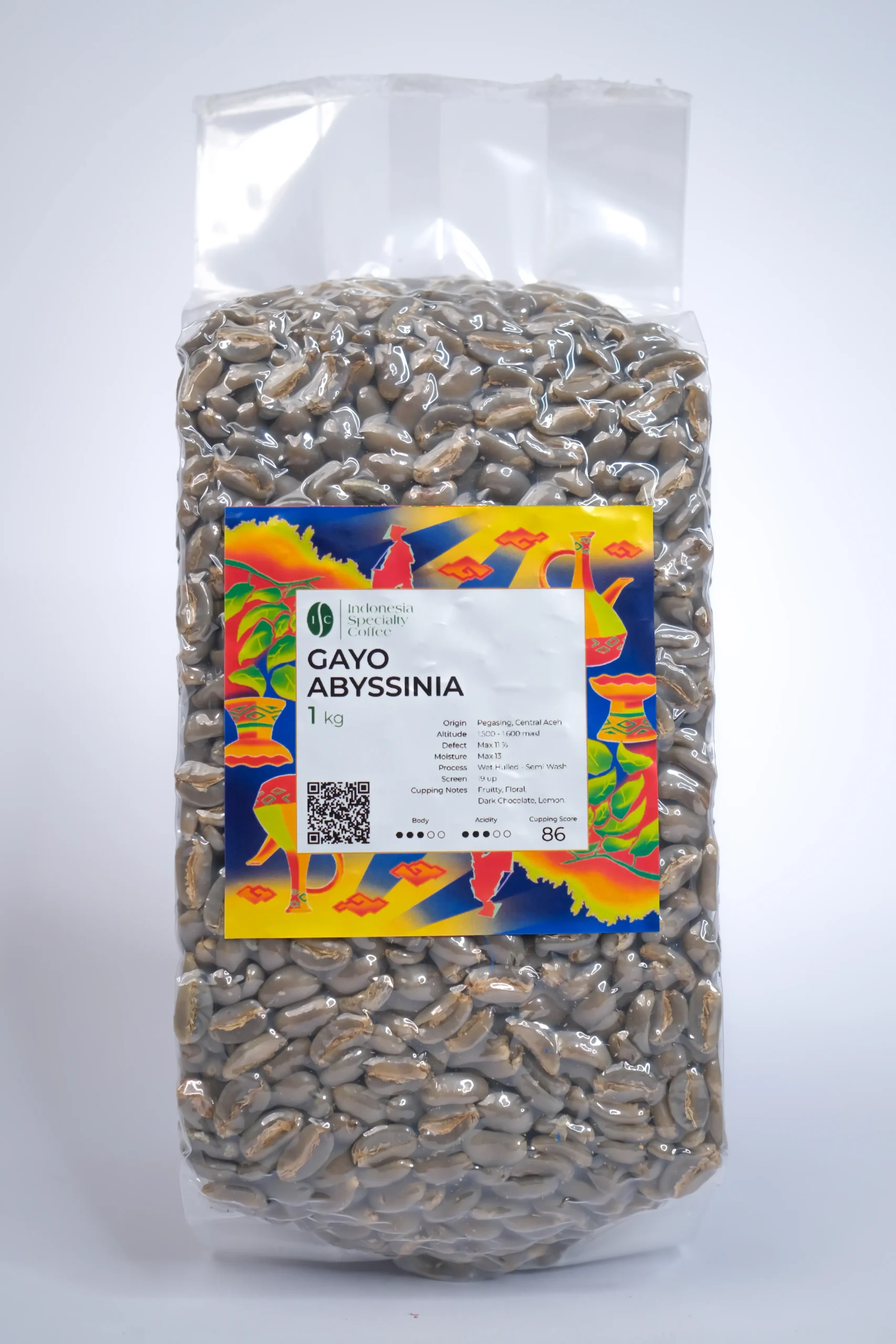 Gayo Abyssinia Coffee package featuring rich brown tones and a logo with coffee beans and mountains in the background.