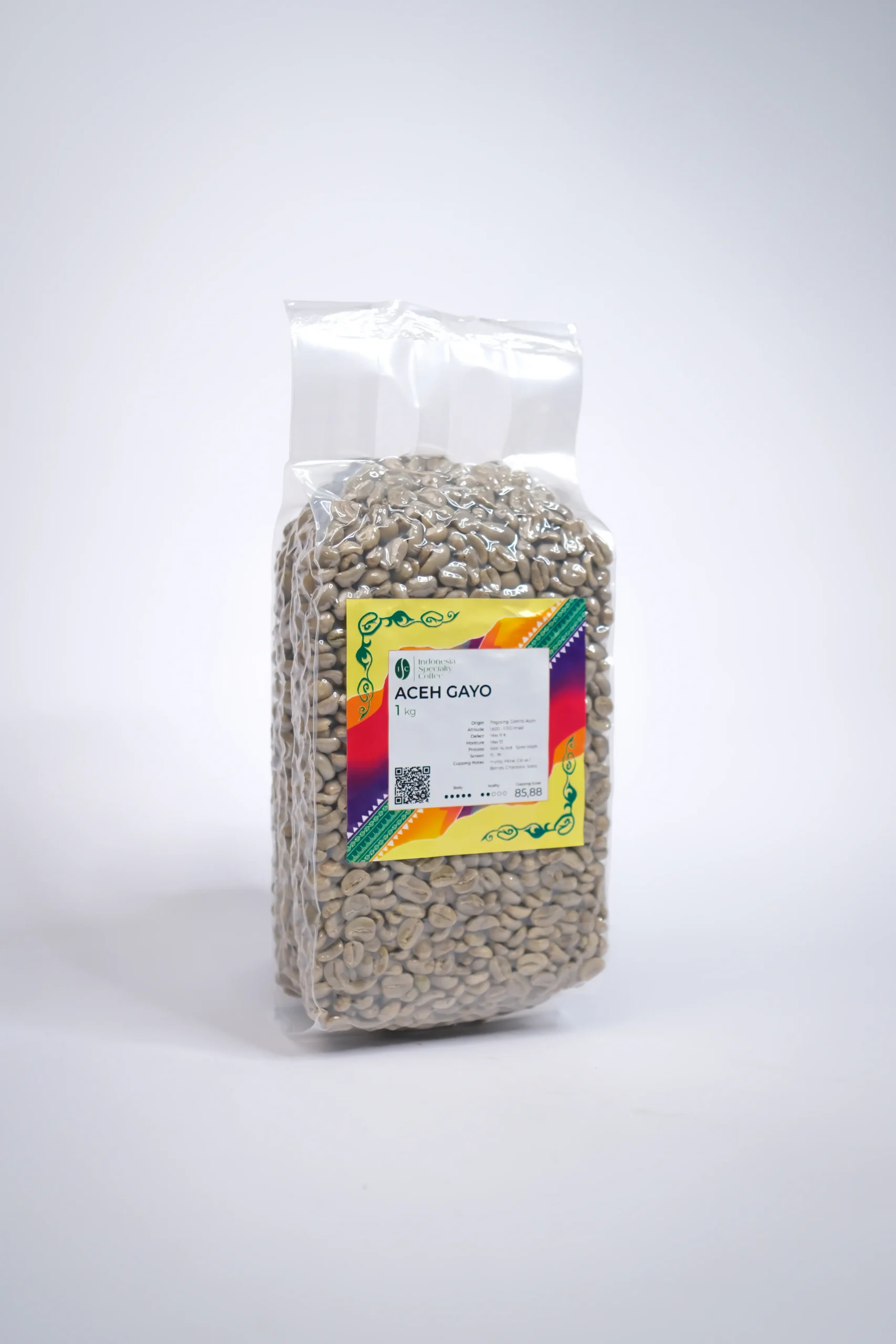 A close-up of Arabica Aceh Gayo coffee beans, showcasing their rich color and unique texture.