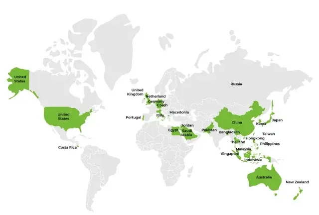 World map highlighting countries that import Indonesia Specialty Coffee