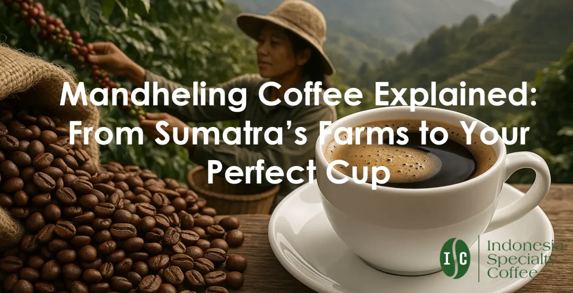 A woman in a hat with coffee beans, illustrating the story of Mandheling coffee from Sumatra to your perfect brew.
